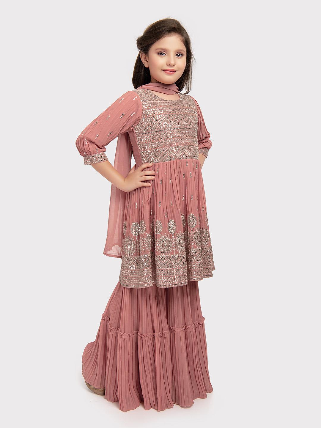 Peach Coloured Embroidered Kurta with Salwar and Dupatta \Simple Gharara And Sharara For Girls - Betty Ethnic India - Gharara / Sharara Set - Betty Girls Wear Online