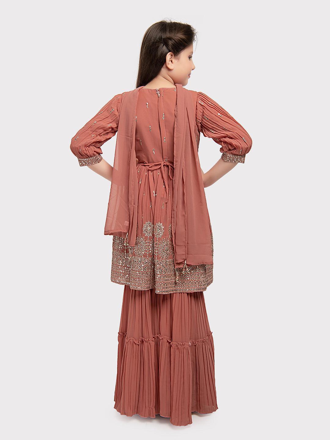 Peach Coloured Embroidered Kurta with Salwar and Dupatta \Simple Gharara And Sharara For Girls - Betty Ethnic India - Gharara / Sharara Set - Betty Girls Wear Online