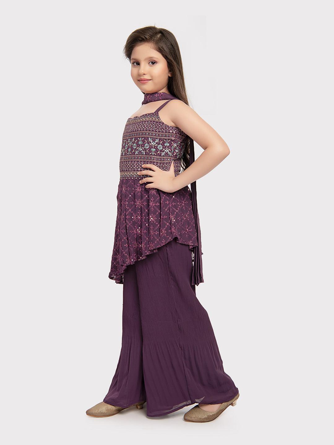 Burgundy Coloured Embroidered Kurta with Salwar and Dupatta \ Sharara And Gharara For Girls - Betty Ethnic India - Gharara / Sharara Set - Betty Girls Wear Online