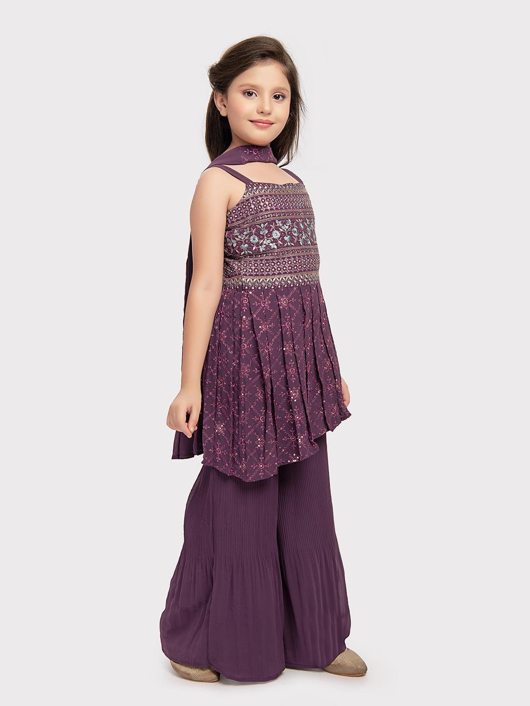 Burgundy Coloured Embroidered Kurta with Salwar and Dupatta \ Sharara And Gharara For Girls - Betty Ethnic India - Gharara / Sharara Set - Betty Girls Wear Online