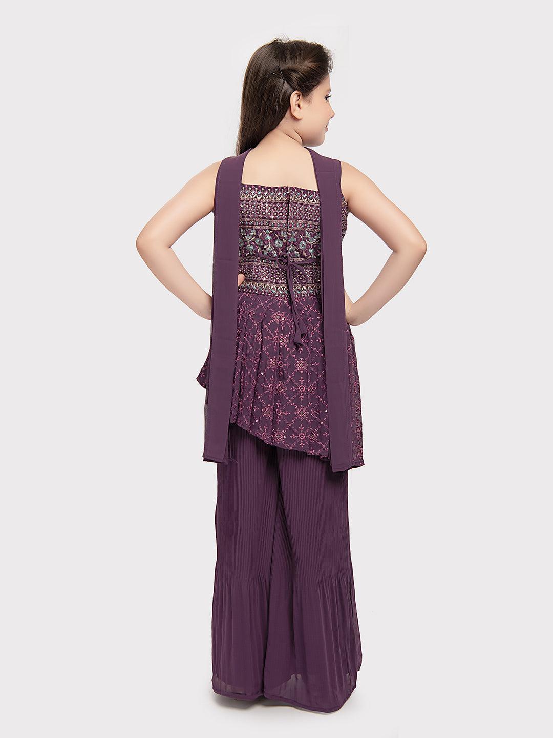 Burgundy Coloured Embroidered Kurta with Salwar and Dupatta \ Sharara And Gharara For Girls - Betty Ethnic India - Gharara / Sharara Set - Betty Girls Wear Online