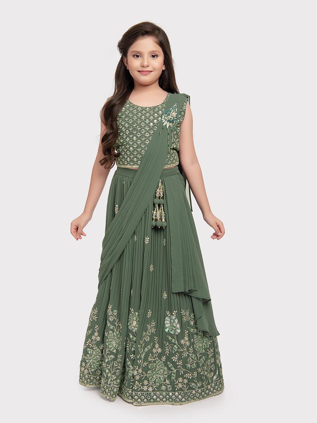 Green Coloured Embellished Ready to Wear Lehenga & Choli With Dupatta For Girls - Betty Ethnic India - Saree & Lehenga - Betty Girls Wear Online