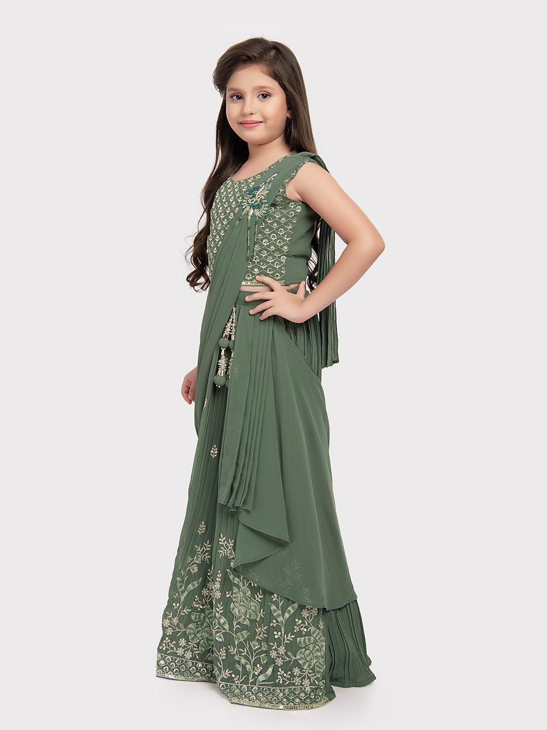 Green Coloured Embellished Ready to Wear Lehenga & Choli With Dupatta For Girls - Betty Ethnic India - Saree & Lehenga - Betty Girls Wear Online