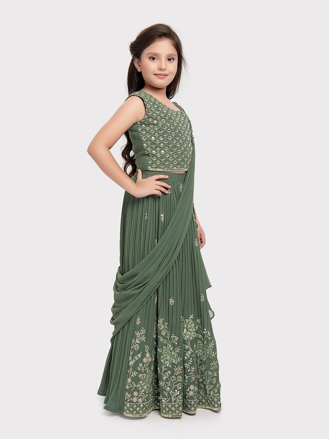 Green Coloured Embellished Ready to Wear Lehenga & Choli With Dupatta For Girls - Betty Ethnic India - Saree & Lehenga - Betty Girls Wear Online