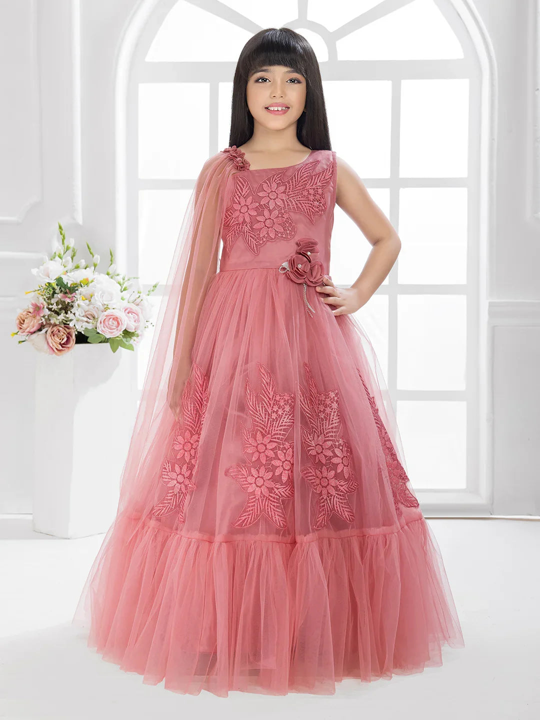 Tomato Embellished Imported Net Dress for Girls – Floral Party Wear
