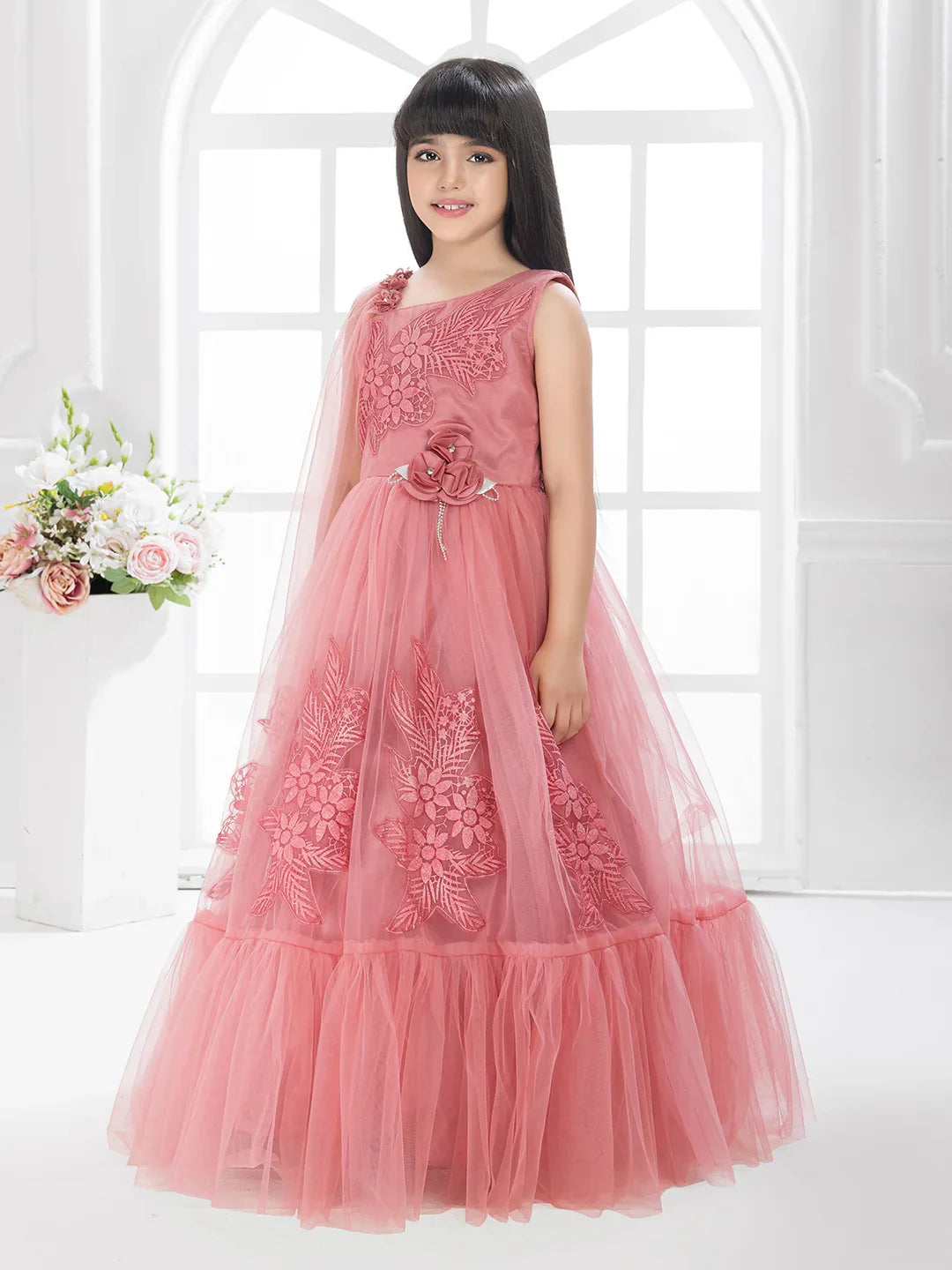 Tomato Embellished Imported Net Dress for Girls – Floral Party Wear