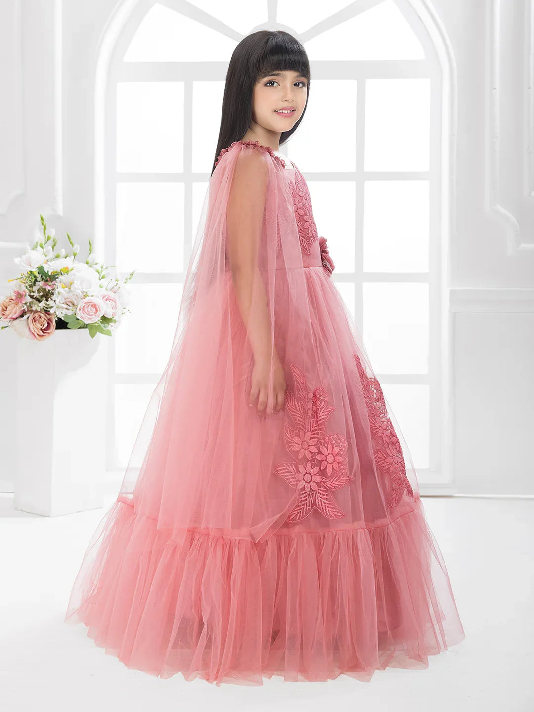 Tomato Embellished Imported Net Dress for Girls – Floral Party Wear