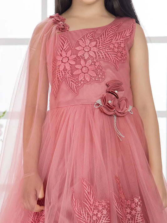 Tomato Embellished Imported Net Dress for Girls – Floral Party Wear