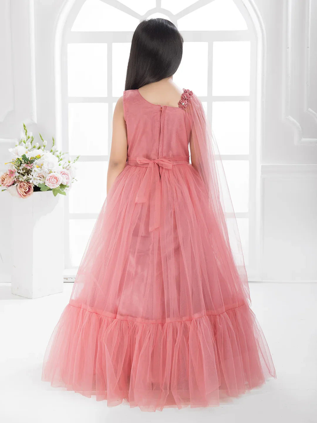 Tomato Embellished Imported Net Dress for Girls – Floral Party Wear
