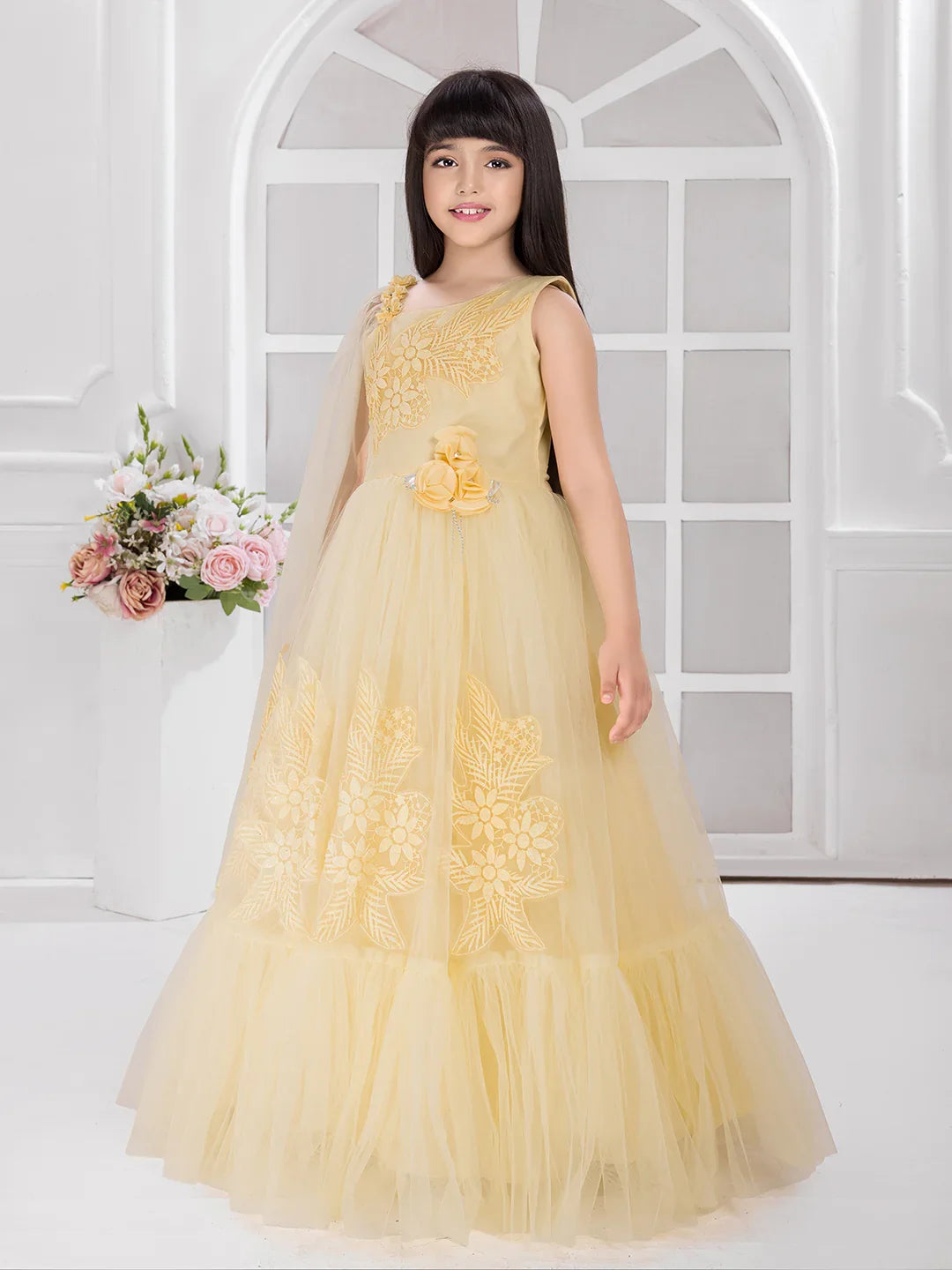 Lemon Imported Net Dress for Girls – Party Wear