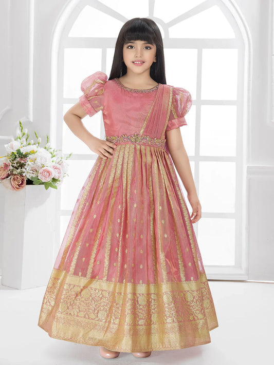 Carrot Ethnic Silk Flared Gown with Puff Sleeves – Festive Wear for Girls