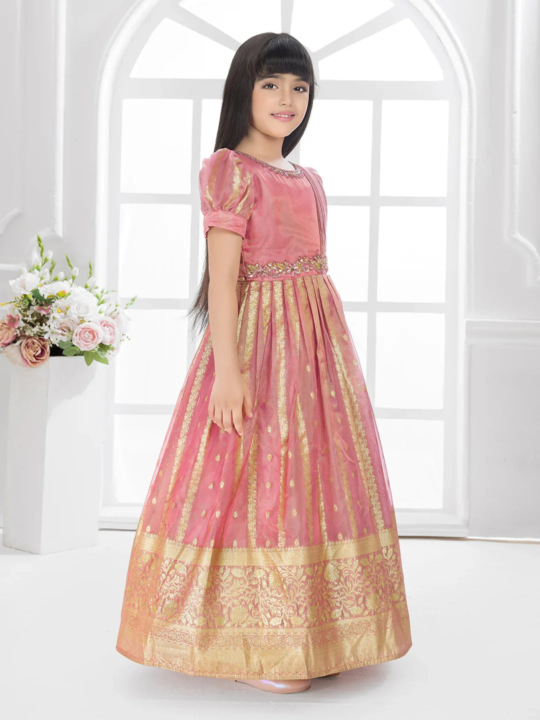 Carrot Ethnic Silk Flared Gown with Puff Sleeves – Festive Wear for Girls