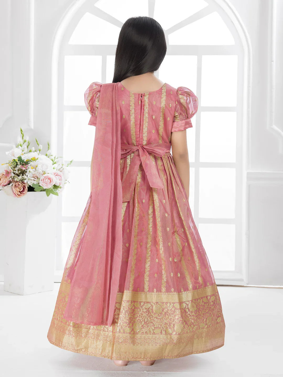 Carrot Ethnic Silk Flared Gown with Puff Sleeves – Festive Wear for Girls