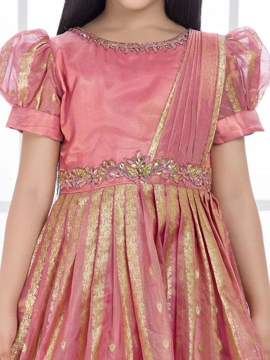 Carrot Ethnic Silk Flared Gown with Puff Sleeves – Festive Wear for Girls