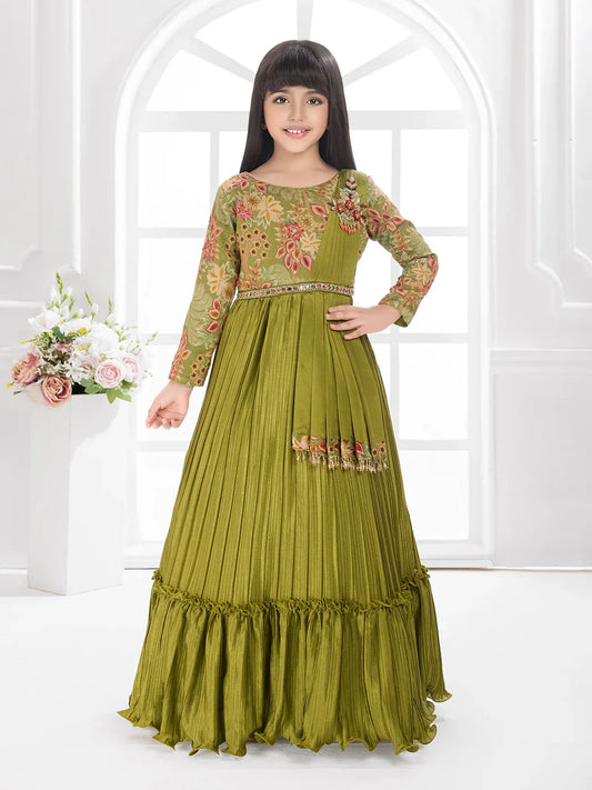Green Printed Fit & Flare Gown with Long Sleeves – Girls Premium Ethnic Dress