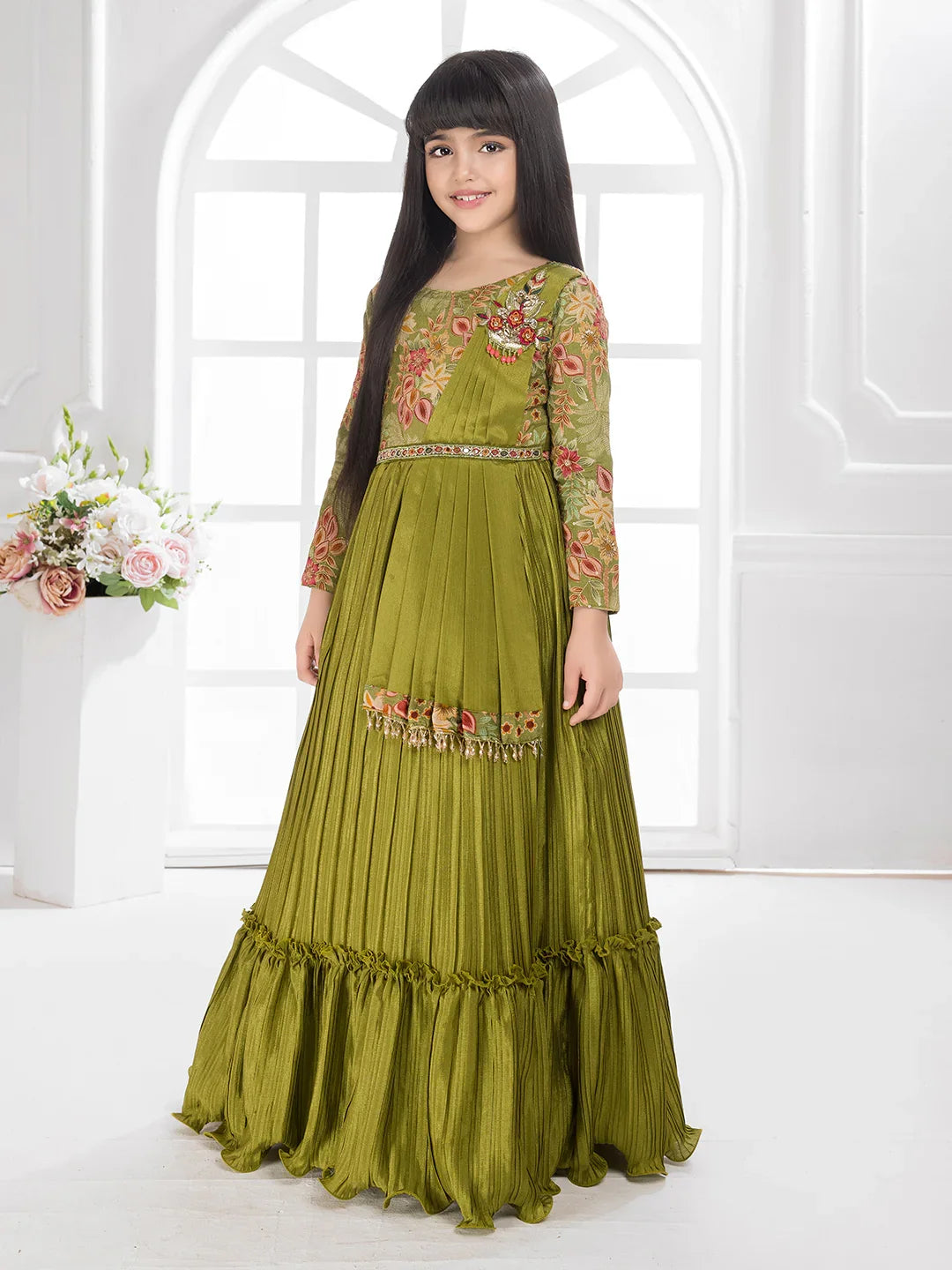 Green Printed Fit & Flare Gown with Long Sleeves – Girls Premium Ethnic Dress