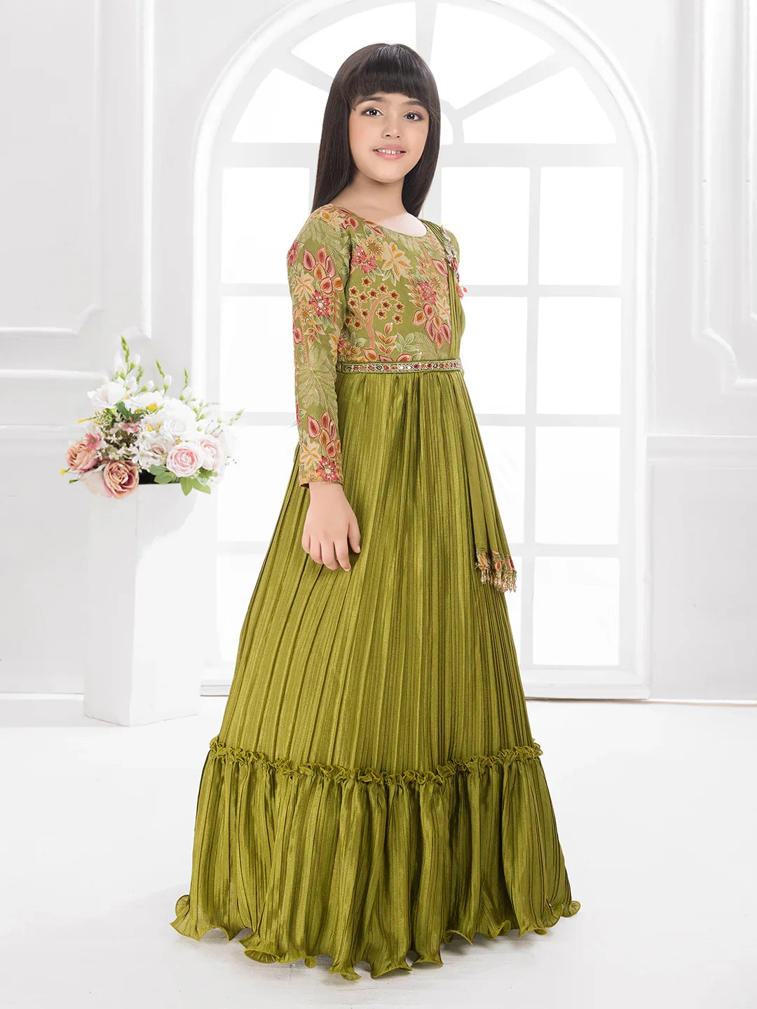 Green Printed Fit & Flare Gown with Long Sleeves – Girls Premium Ethnic Dress