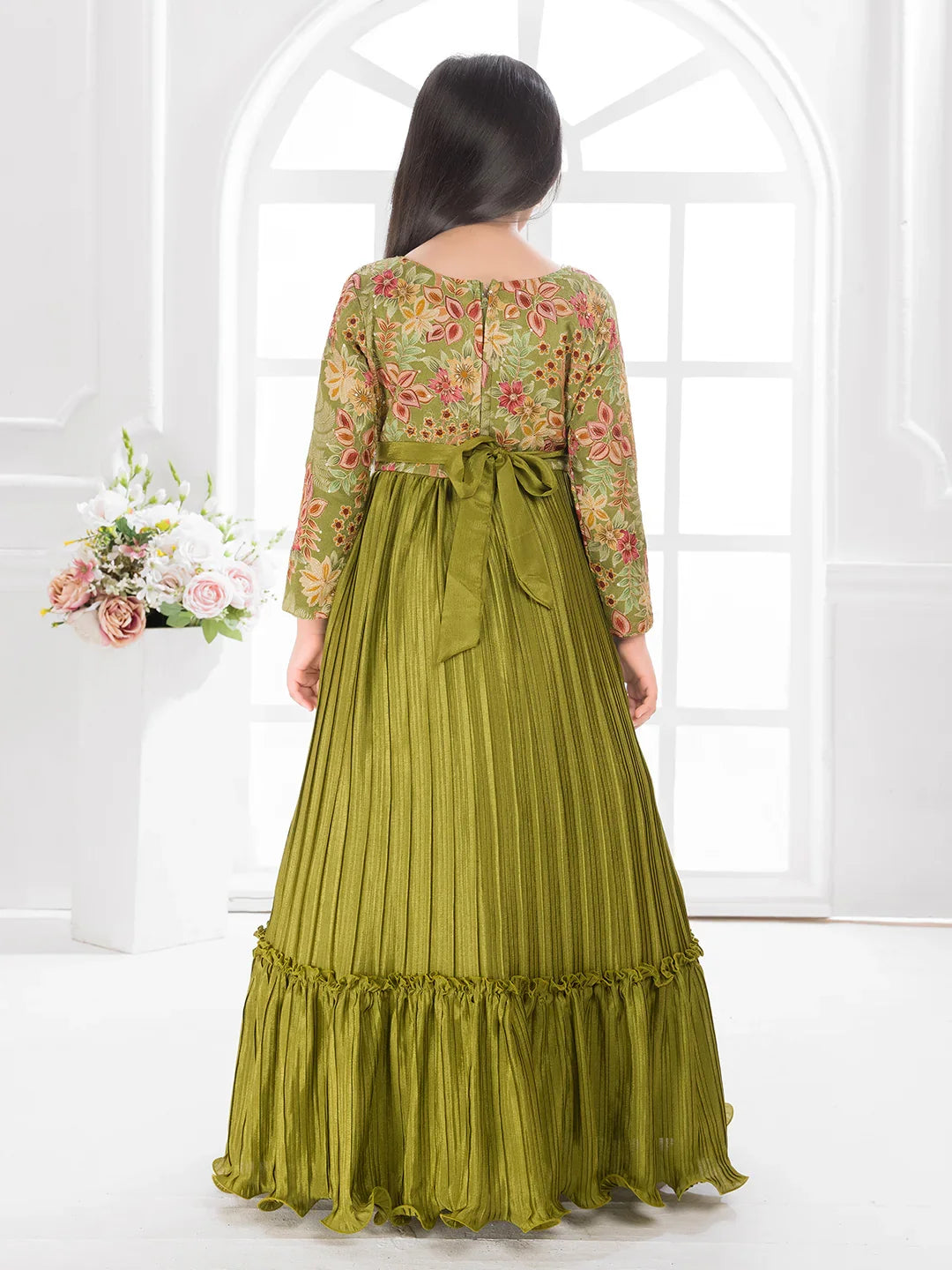 Green Printed Fit & Flare Gown with Long Sleeves – Girls Premium Ethnic Dress