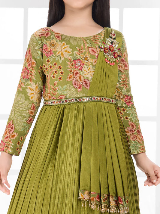 Green Printed Fit & Flare Gown with Long Sleeves – Girls Premium Ethnic Dress