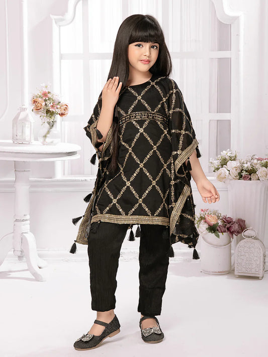 Betty Girls' Black Kaftan Set – Festive Tunic & Trouser Outfit