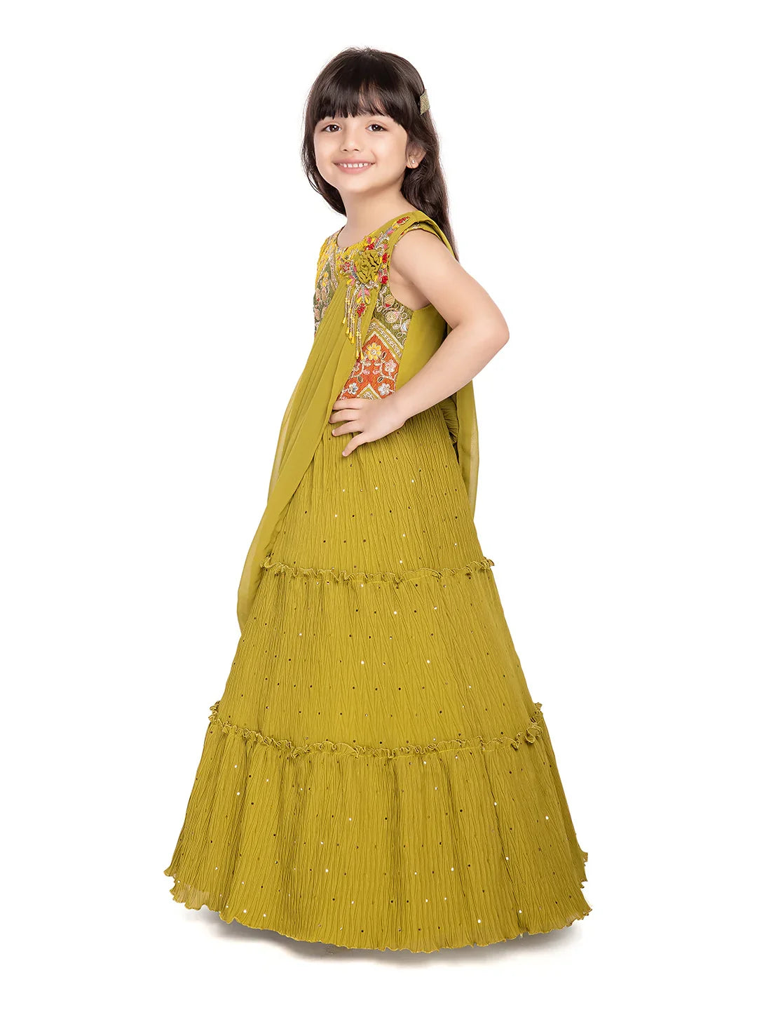Betty Olive Green Floral Embroidered Gown with Draped Shoulder – Girls’ Festive Flare Dress