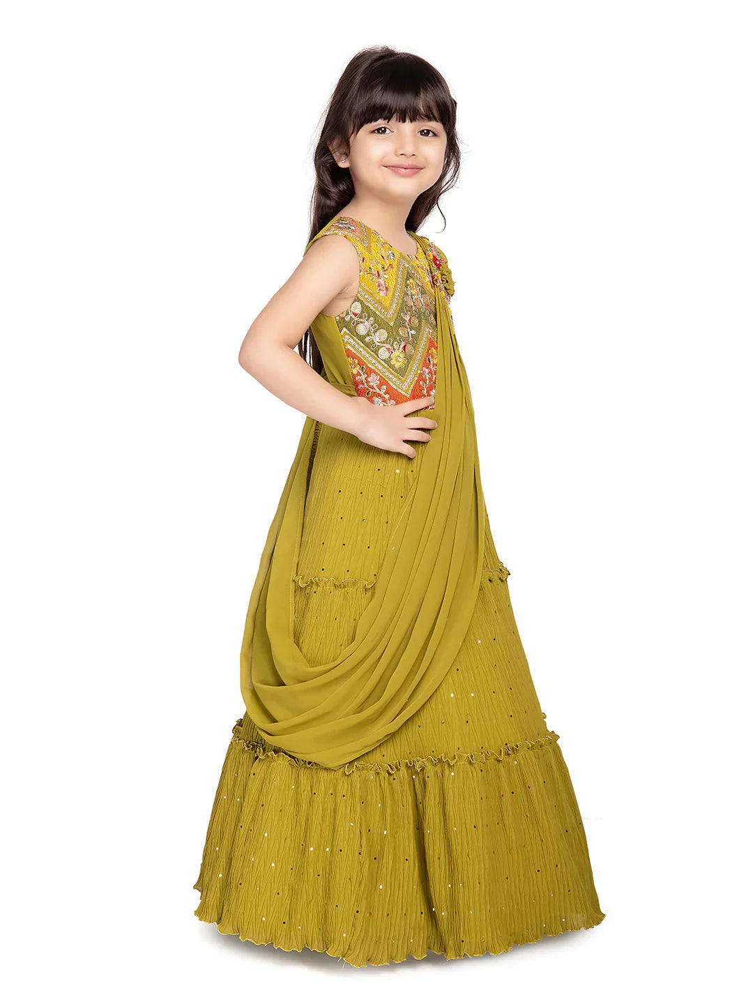Betty Olive Green Floral Embroidered Gown with Draped Shoulder – Girls’ Festive Flare Dress
