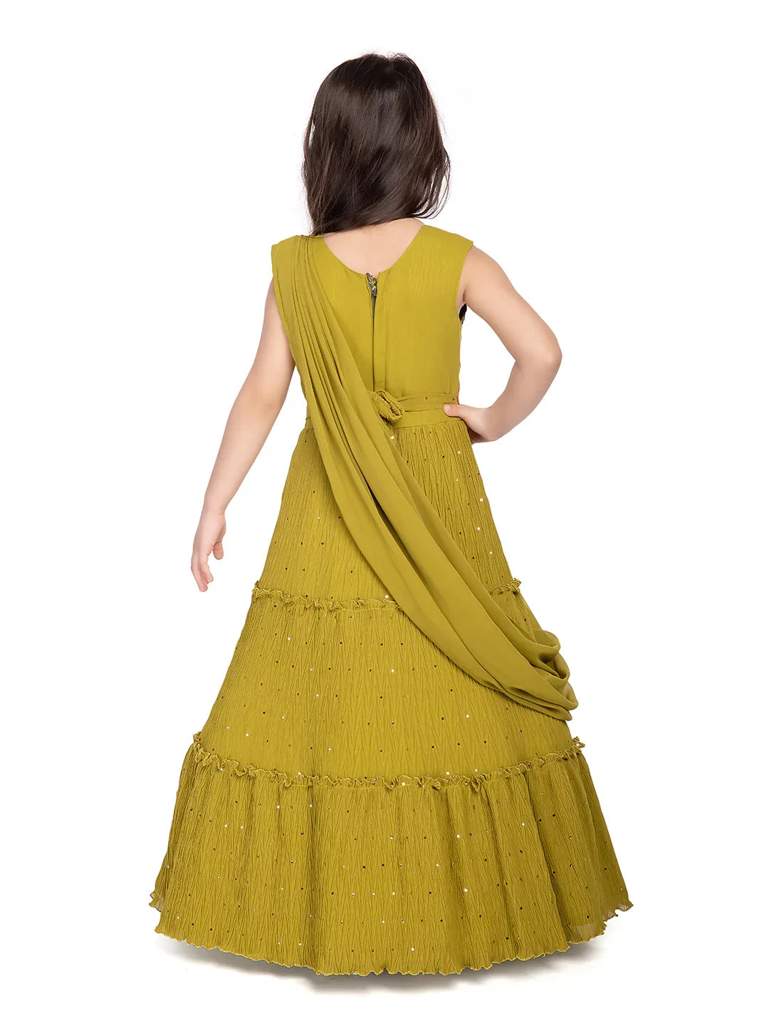 Betty Olive Green Floral Embroidered Gown with Draped Shoulder – Girls’ Festive Flare Dress