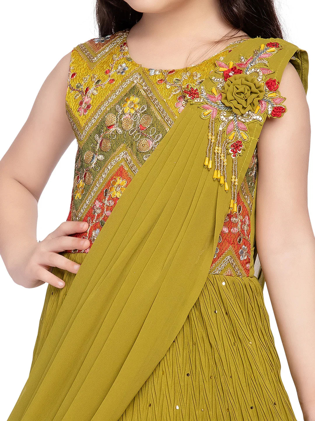 Betty Olive Green Floral Embroidered Gown with Draped Shoulder – Girls’ Festive Flare Dress