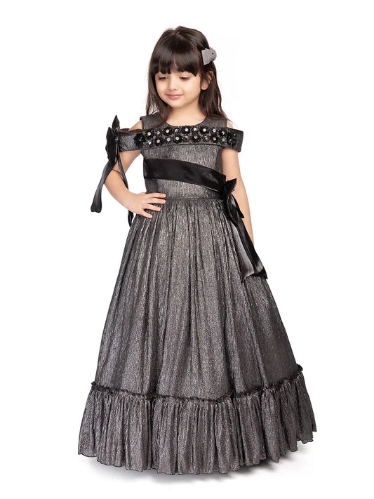 Betty Grey Cold-Shoulder Embellished Gown – Girls' Party Dress with Pearls & Bows