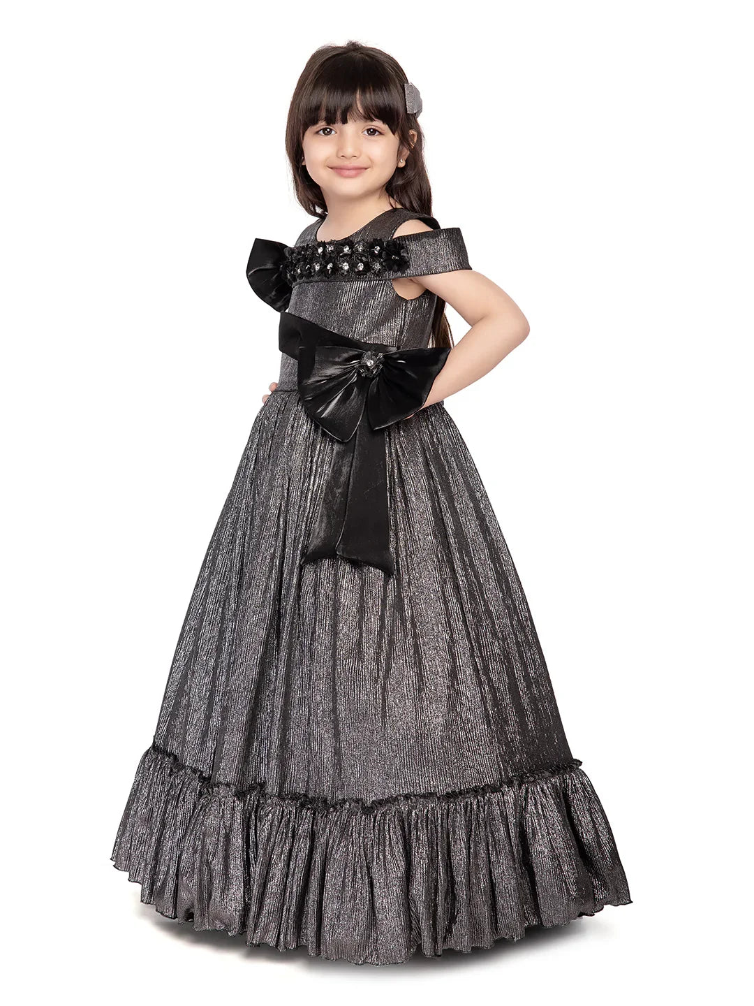 Betty Grey Cold-Shoulder Embellished Gown – Girls' Party Dress with Pearls & Bows
