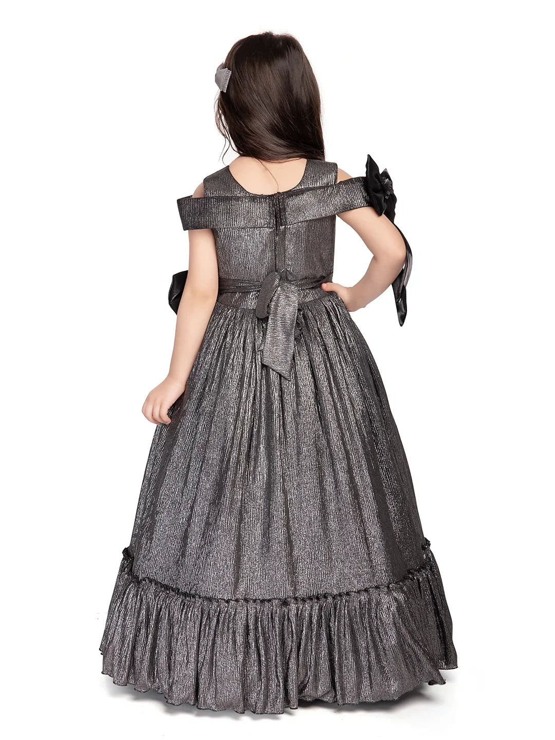 Betty Grey Cold-Shoulder Embellished Gown – Girls' Party Dress with Pearls & Bows