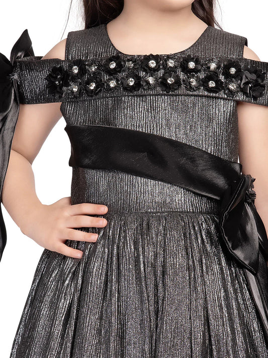 Betty Grey Cold-Shoulder Embellished Gown – Girls' Party Dress with Pearls & Bows