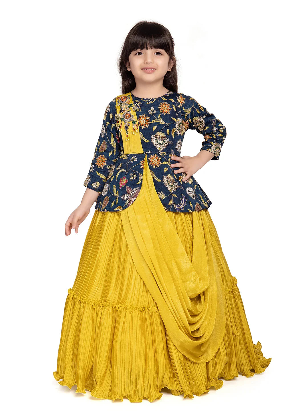 Yellow & Navy Embroidered Gown with Draped Dupatta – Girls' Indo-Western Ethnic Dress