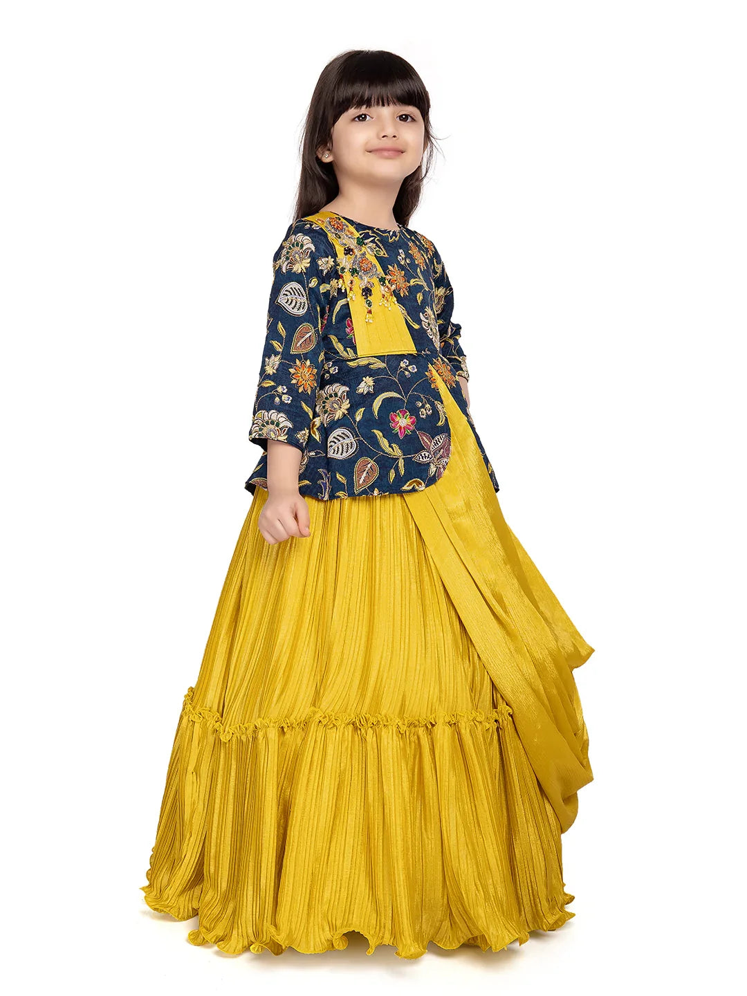 Yellow & Navy Embroidered Gown with Draped Dupatta – Girls' Indo-Western Ethnic Dress
