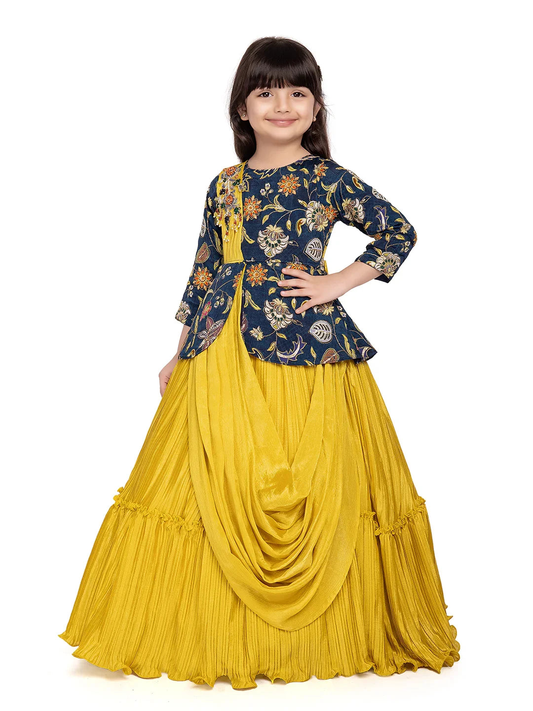 Yellow & Navy Embroidered Gown with Draped Dupatta – Girls' Indo-Western Ethnic Dress