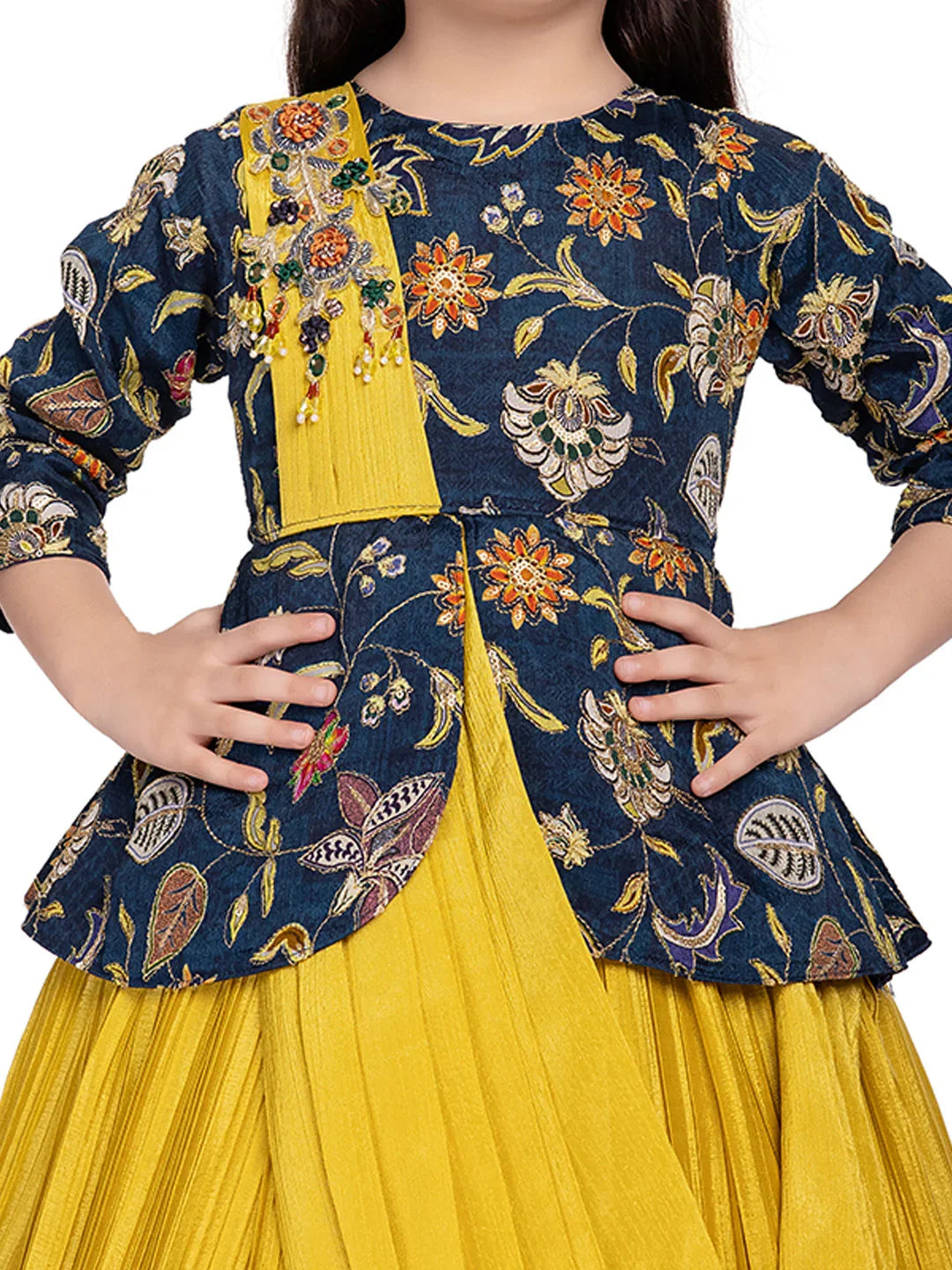 Yellow & Navy Embroidered Gown with Draped Dupatta – Girls' Indo-Western Ethnic Dress