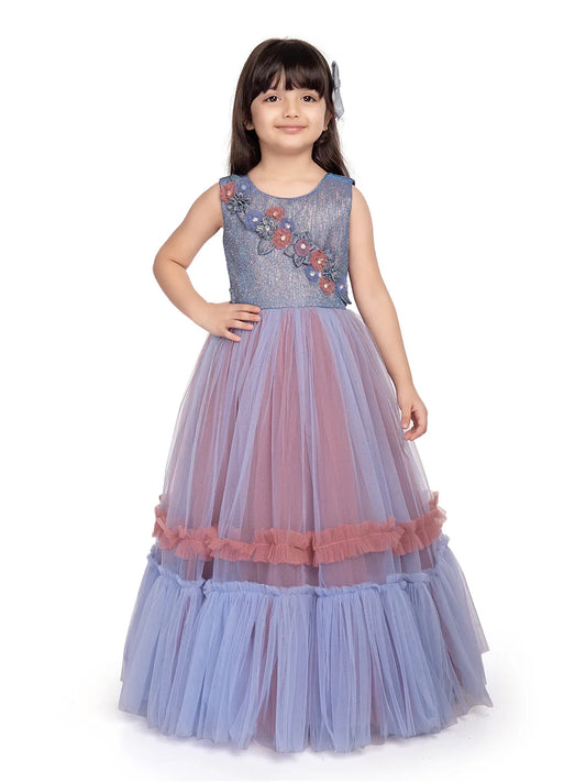 Betty Blue Embellished 2 Layered Double Tone Fit & Flare Gown – Sleeveless Girls' Party Dress