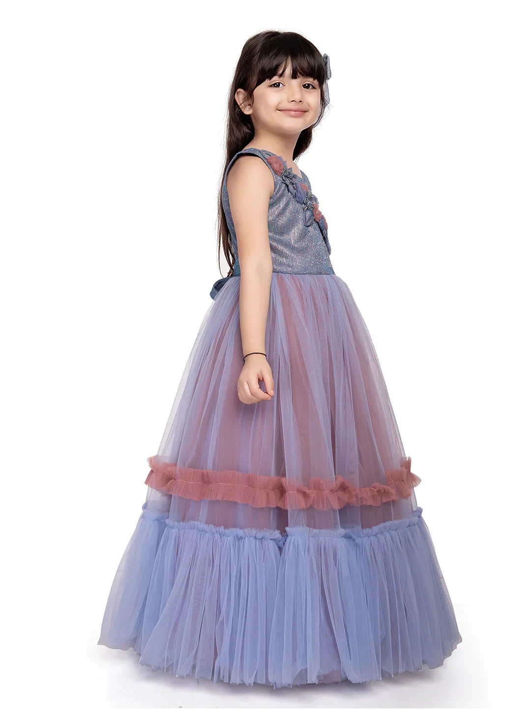 Betty Blue Embellished 2 Layered Double Tone Fit & Flare Gown – Sleeveless Girls' Party Dress