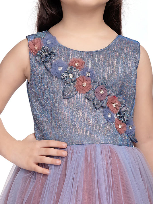 Betty Blue Embellished 2 Layered Double Tone Fit & Flare Gown – Sleeveless Girls' Party Dress