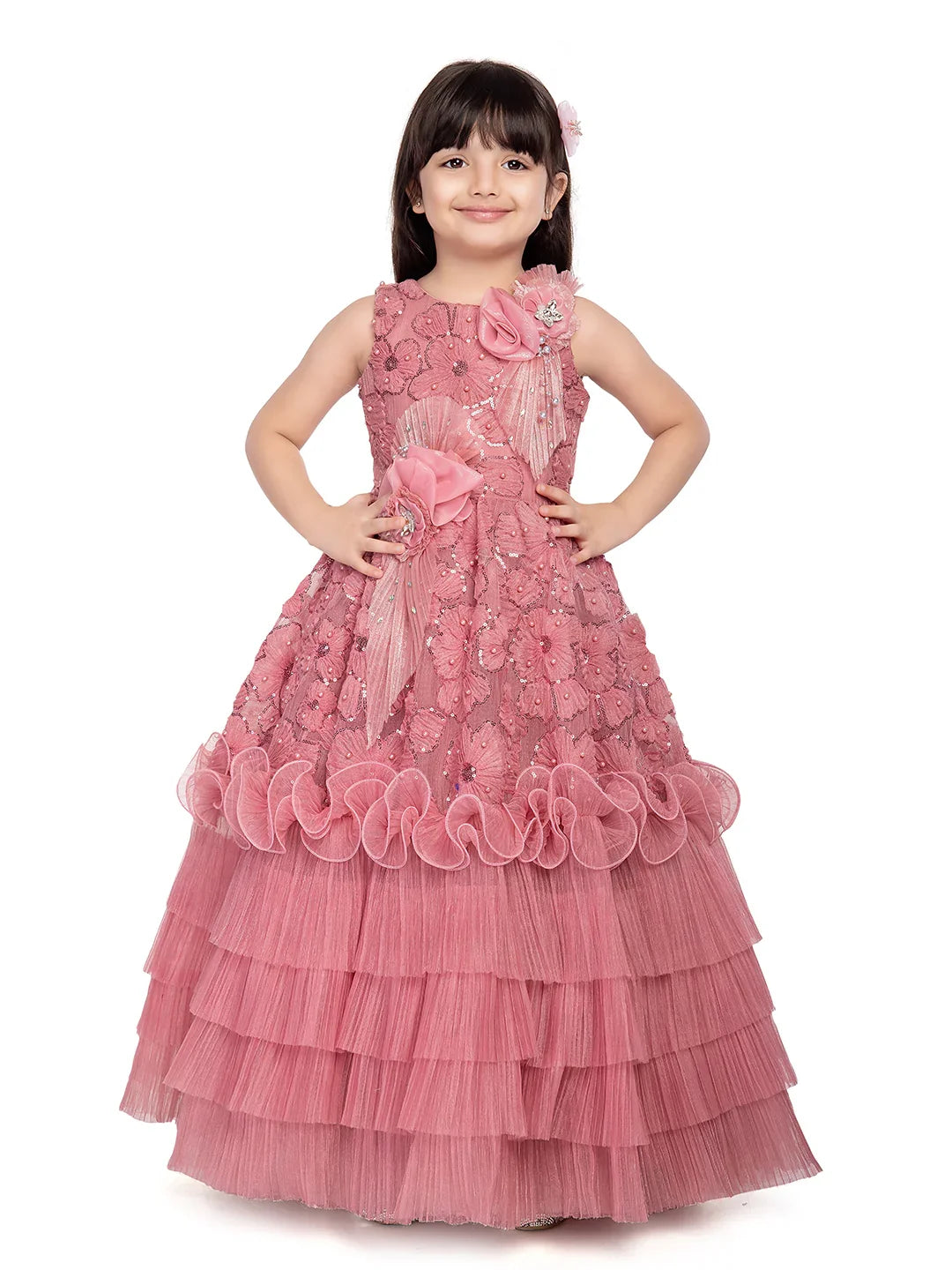 Betty Pink Embroidered Layered Gown with Floral Detailing – Girls' Party Dress