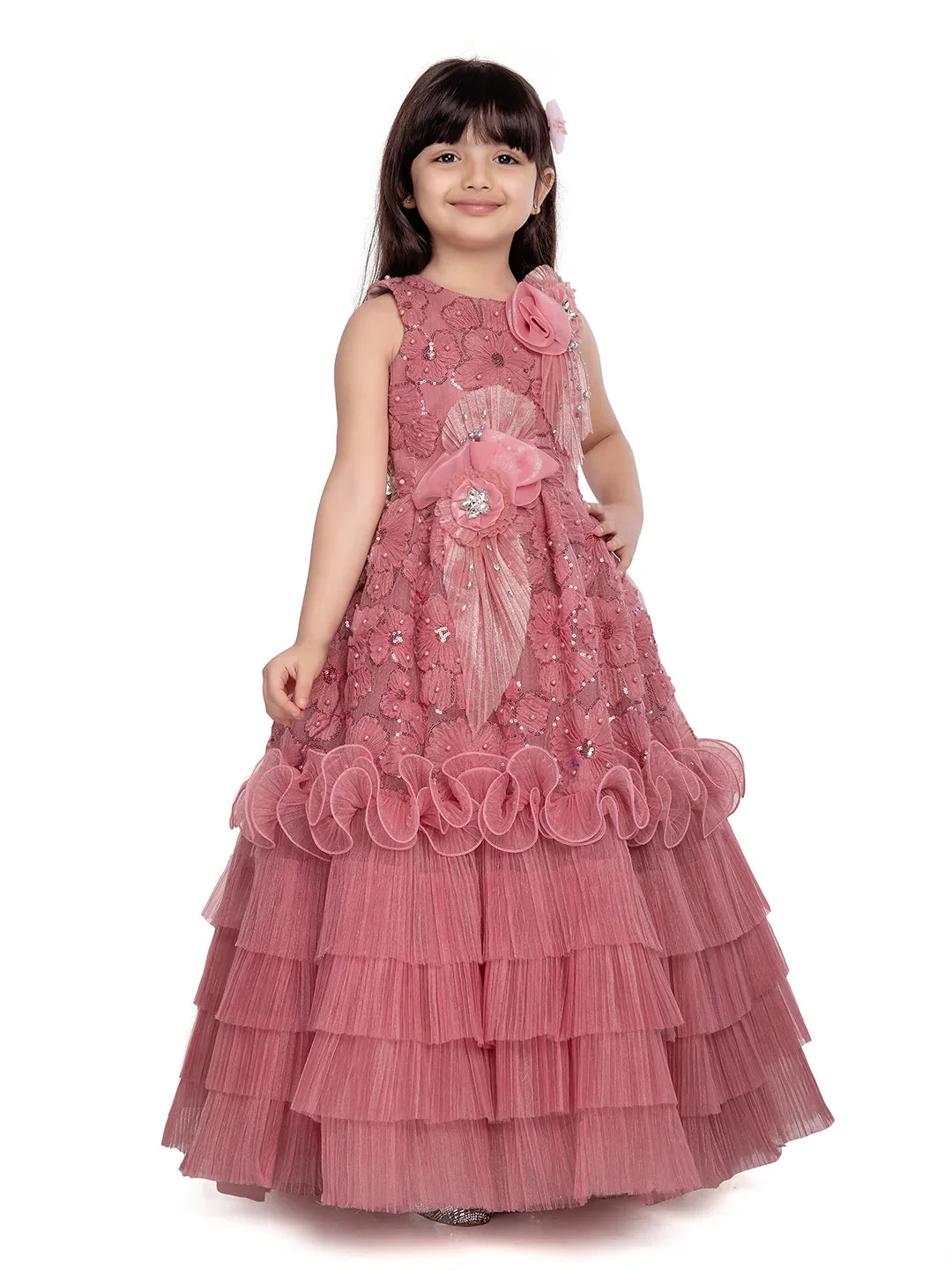 Betty Pink Embroidered Layered Gown with Floral Detailing – Girls' Party Dress