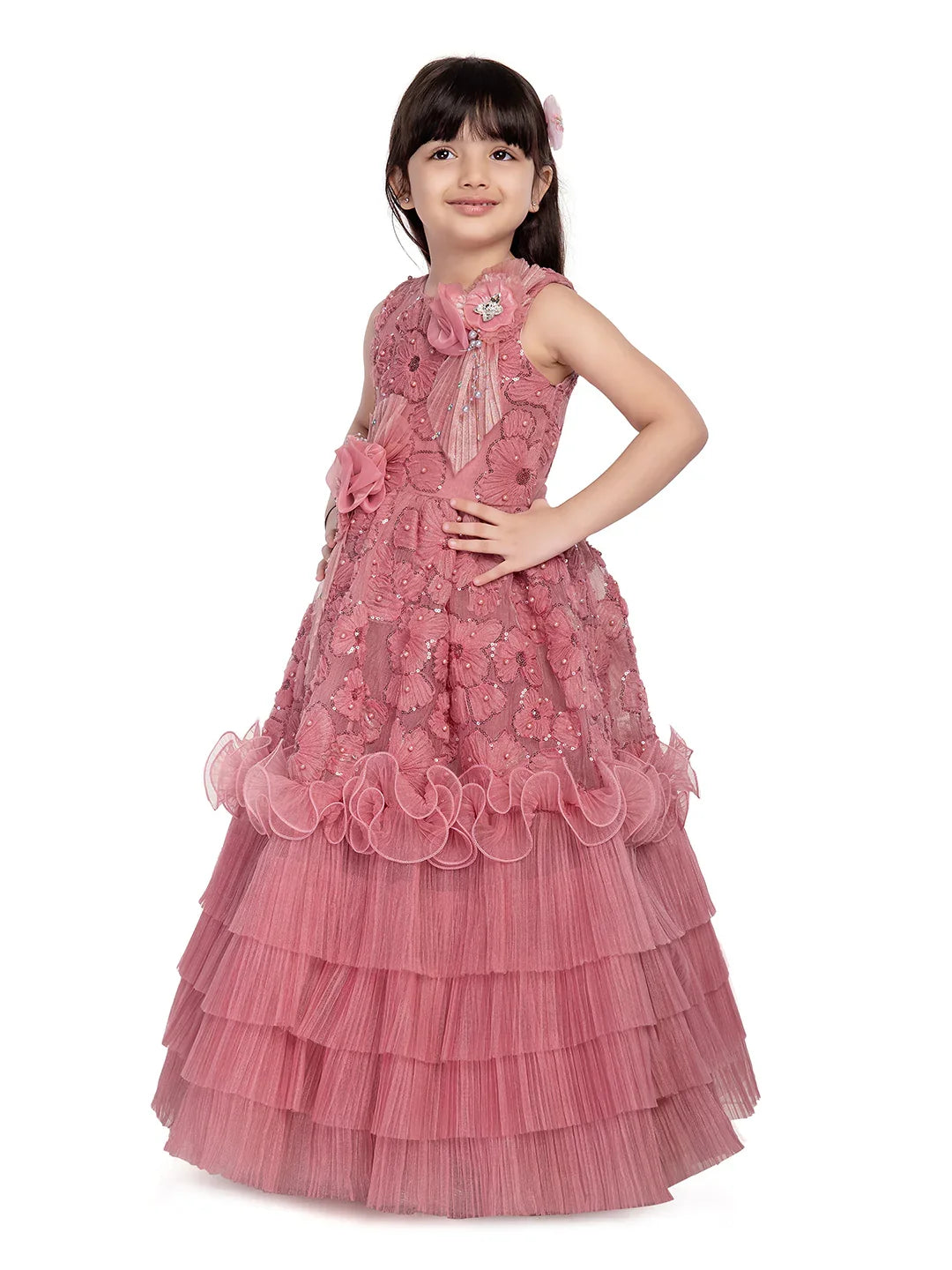Betty Pink Embroidered Layered Gown with Floral Detailing – Girls' Party Dress