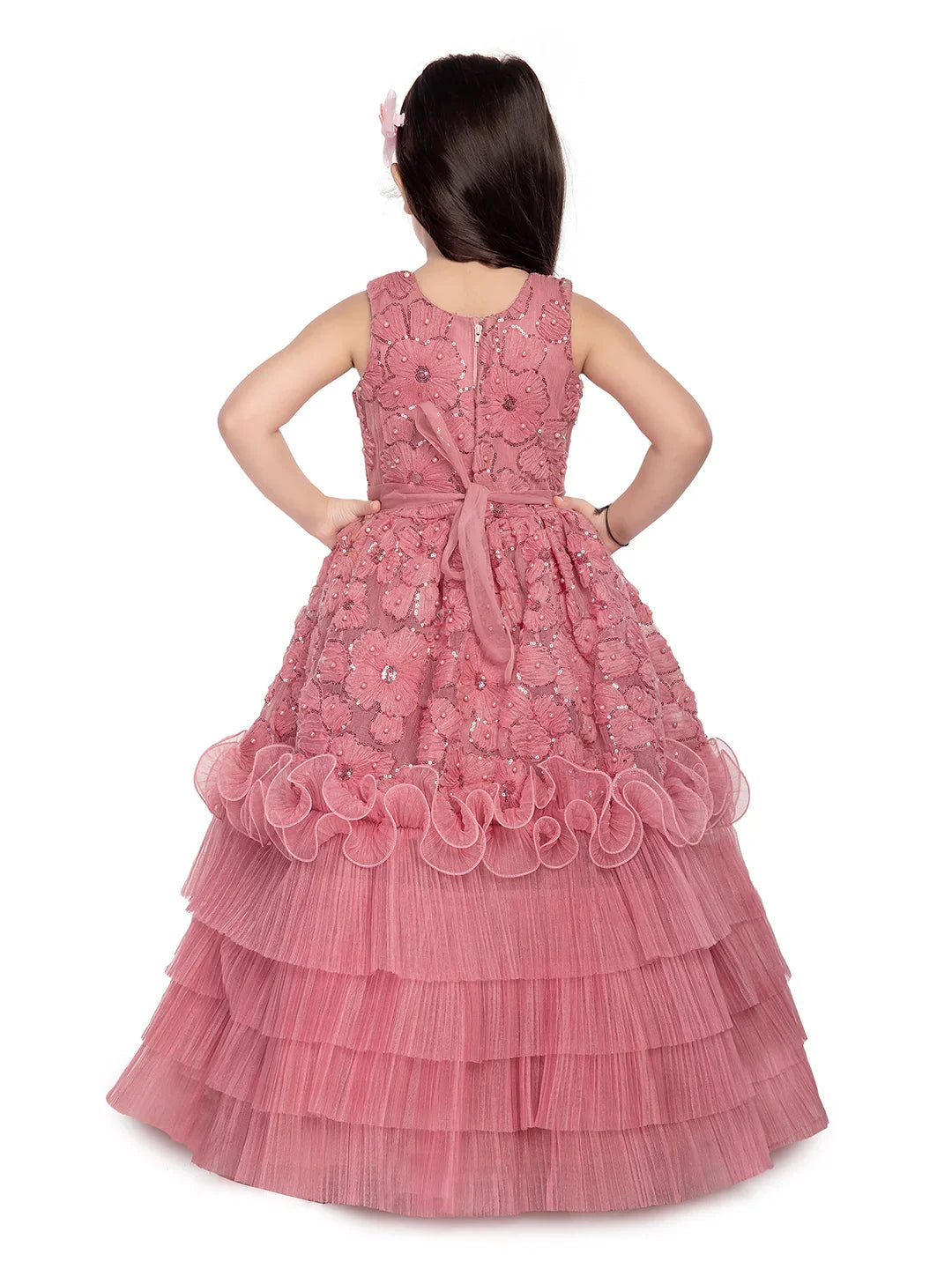 Betty Pink Embroidered Layered Gown with Floral Detailing – Girls' Party Dress