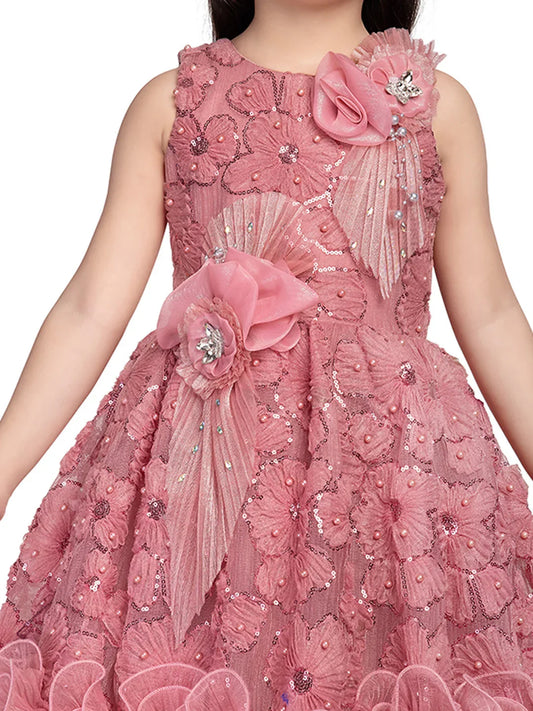 Betty Pink Embroidered Layered Gown with Floral Detailing – Girls' Party Dress