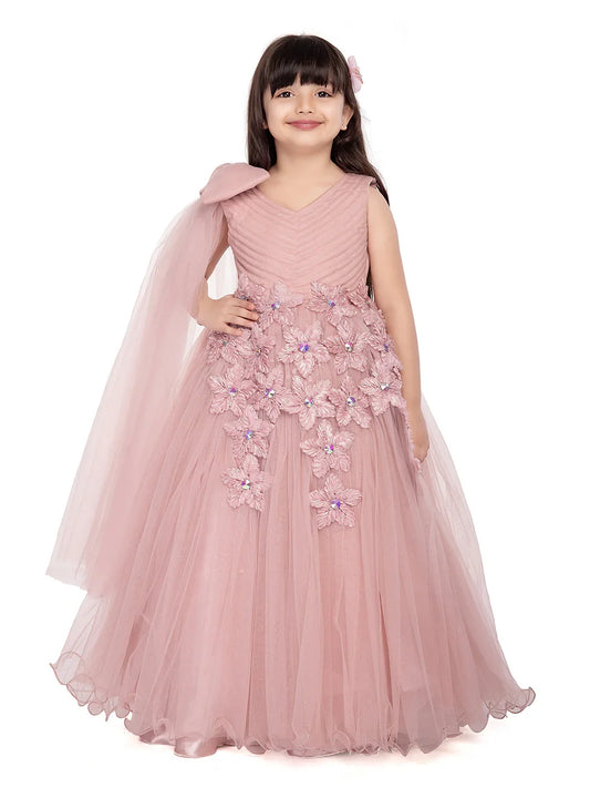 Peach Floral Appliqué Gown with Shoulder Bow – Girls' Designer Party Dress