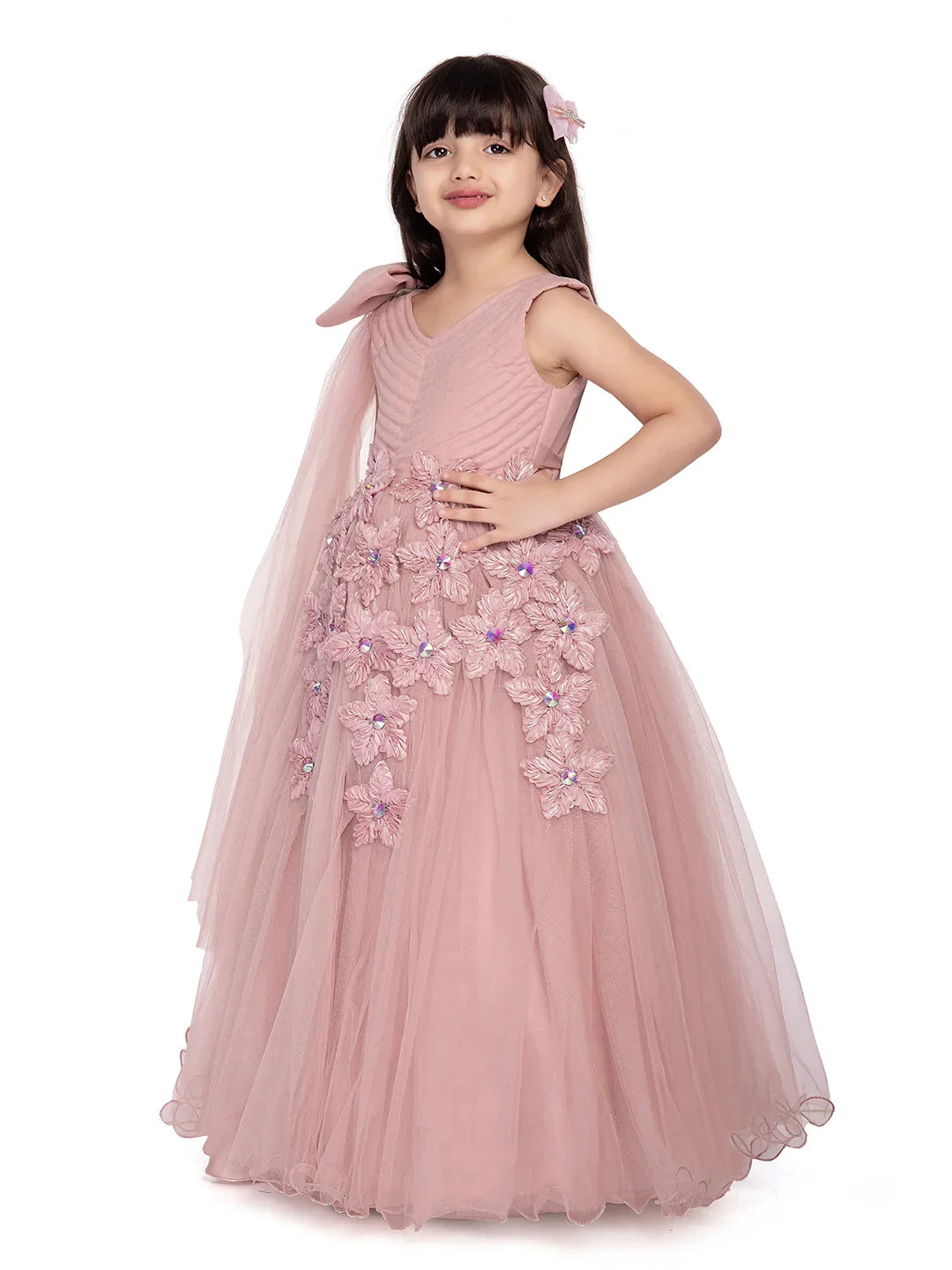 Peach Floral Appliqué Gown with Shoulder Bow – Girls' Designer Party Dress