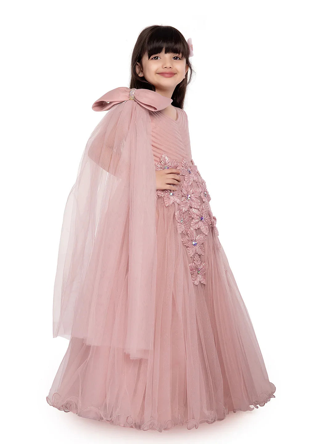 Peach Floral Appliqué Gown with Shoulder Bow – Girls' Designer Party Dress