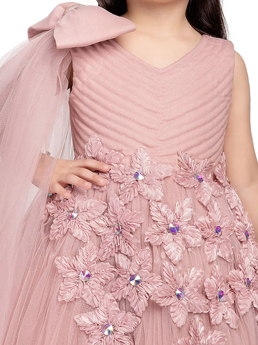 Peach Floral Appliqué Gown with Shoulder Bow – Girls' Designer Party Dress