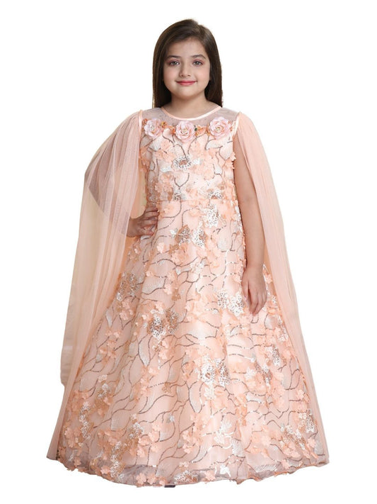 Peach Coloured Floral Imported Net Double Sided Sleeve Styled Gown For Girls - Betty Ethnic India - Gown - Betty Girls Wear Online