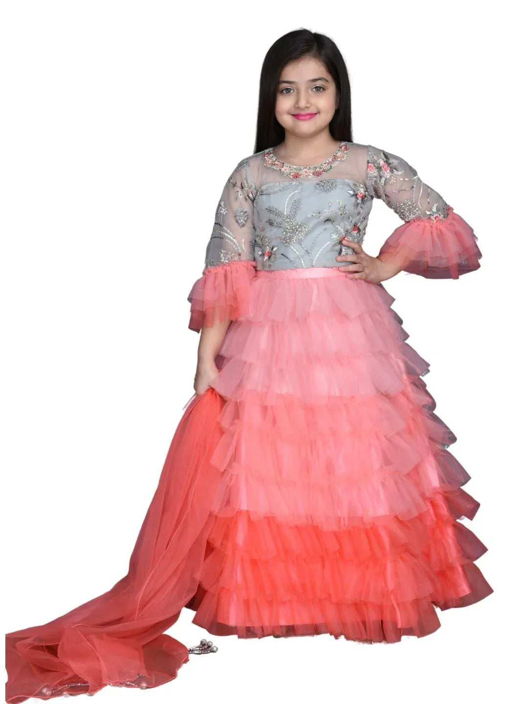 Girls Tomato & Grey Embroidered Ready to Wear Lehenga & Blouse With Dupatta For Girls - Betty Ethnic India - Saree & Lehenga - Betty Girls Wear Online